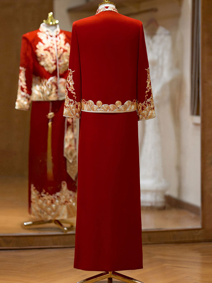 Embroidered Dragon Men Wedding Qun Kwa Jacket & Skirt