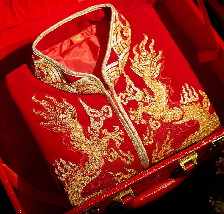 Embroidered Dragon Men Wedding Qun Kwa Jacket & Skirt