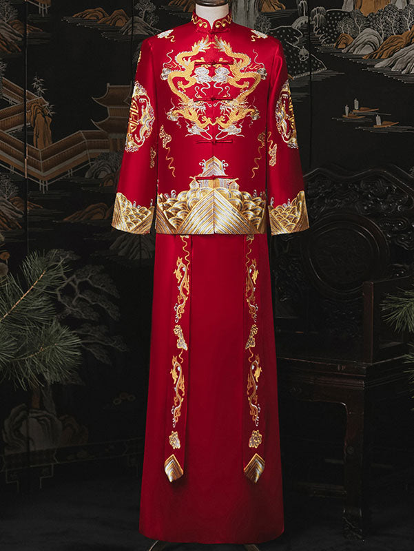 Embroidered Dragon Men Wedding QunKwa Jacket & Skirt