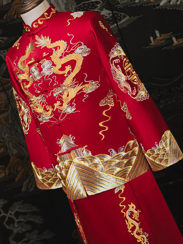 Embroidered Dragon Men Wedding QunKwa Jacket & Skirt
