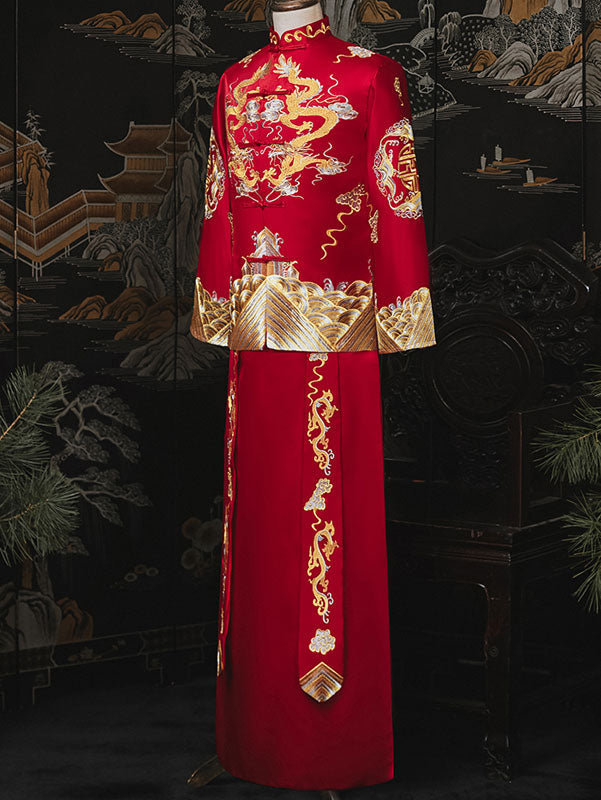 Embroidered Dragon Men Wedding QunKwa Jacket & Skirt