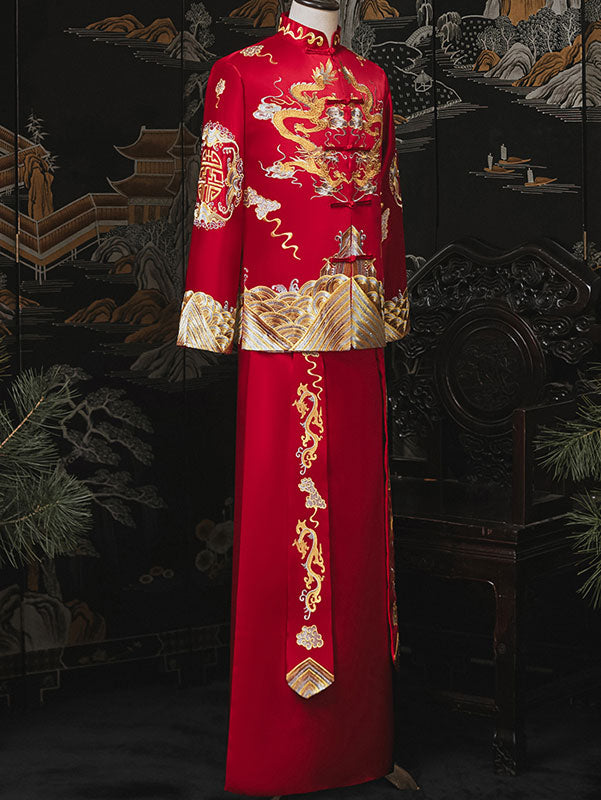 Embroidered Dragon Men Wedding QunKwa Jacket & Skirt