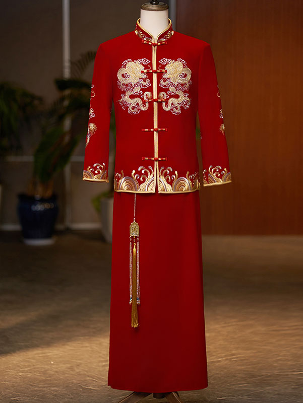 Embroidered Dragon Velvet Man Wedding Qun Kwa Jacket & Skirt