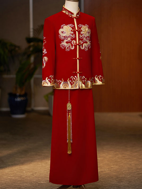 Embroidered Dragon Velvet Man Wedding Qun Kwa Jacket & Skirt