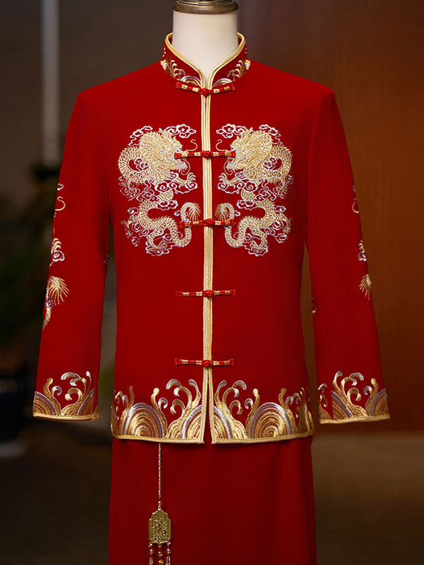 Embroidered Dragon Velvet Man Wedding Qun Kwa Jacket & Skirt