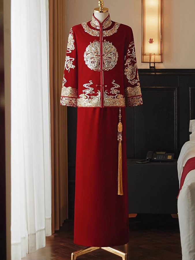 Sequins Appliques Velvet Man Wedding Qun Gua Jacket & Skirt