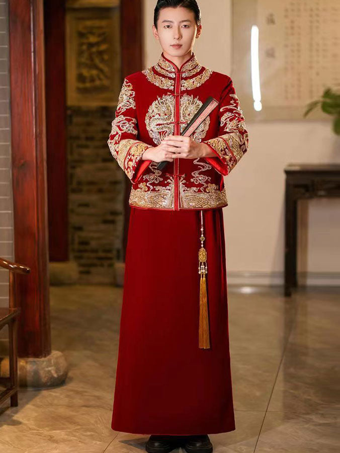 Sequins Appliques Velvet Man Wedding Qun Gua Jacket & Skirt