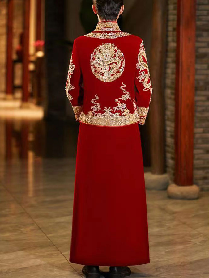Sequins Appliques Velvet Man Wedding Qun Gua Jacket & Skirt