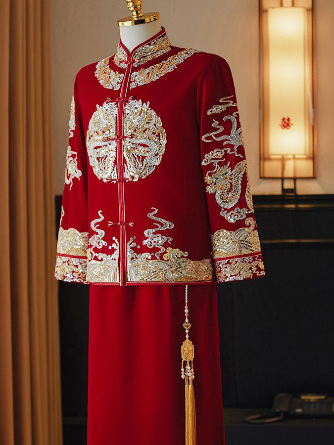 Sequins Appliques Velvet Man Wedding Qun Gua Jacket & Skirt