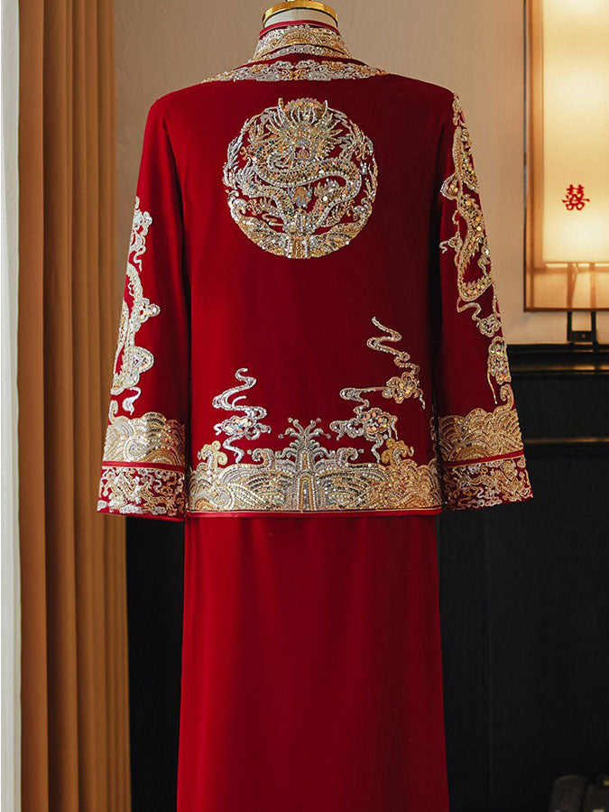 Sequins Appliques Velvet Man Wedding Qun Gua Jacket & Skirt