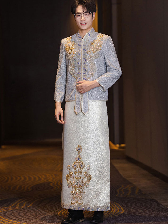 Shimmer Sequins Dragon Men Wedding Qun Gua Jacket & Skirt