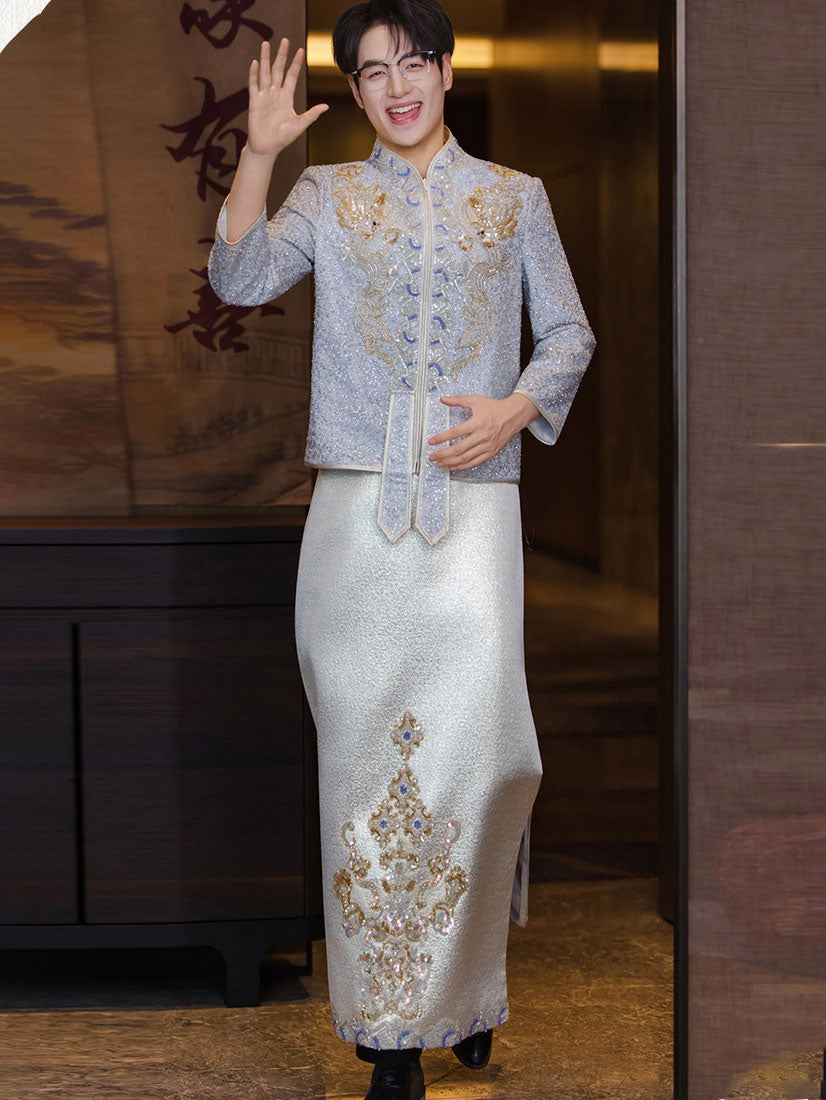 Shimmer Sequins Dragon Men Wedding Qun Gua Jacket & Skirt