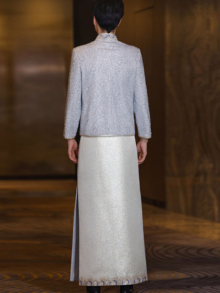 Shimmer Sequins Dragon Men Wedding Qun Gua Jacket & Skirt