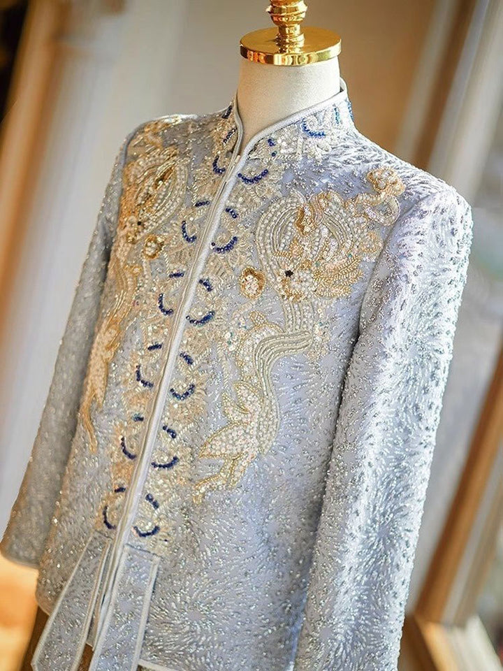 Shimmer Sequins Dragon Men Wedding Qun Gua Jacket & Skirt