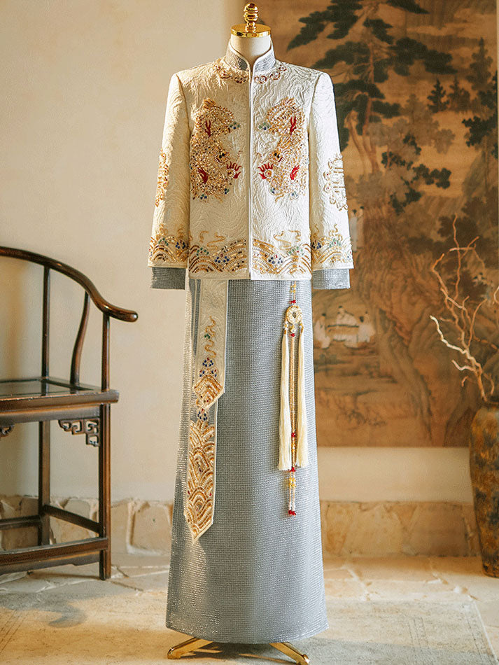 Champagne Beads Dragon Man Wedding Qun Gua Jacket & Skirt