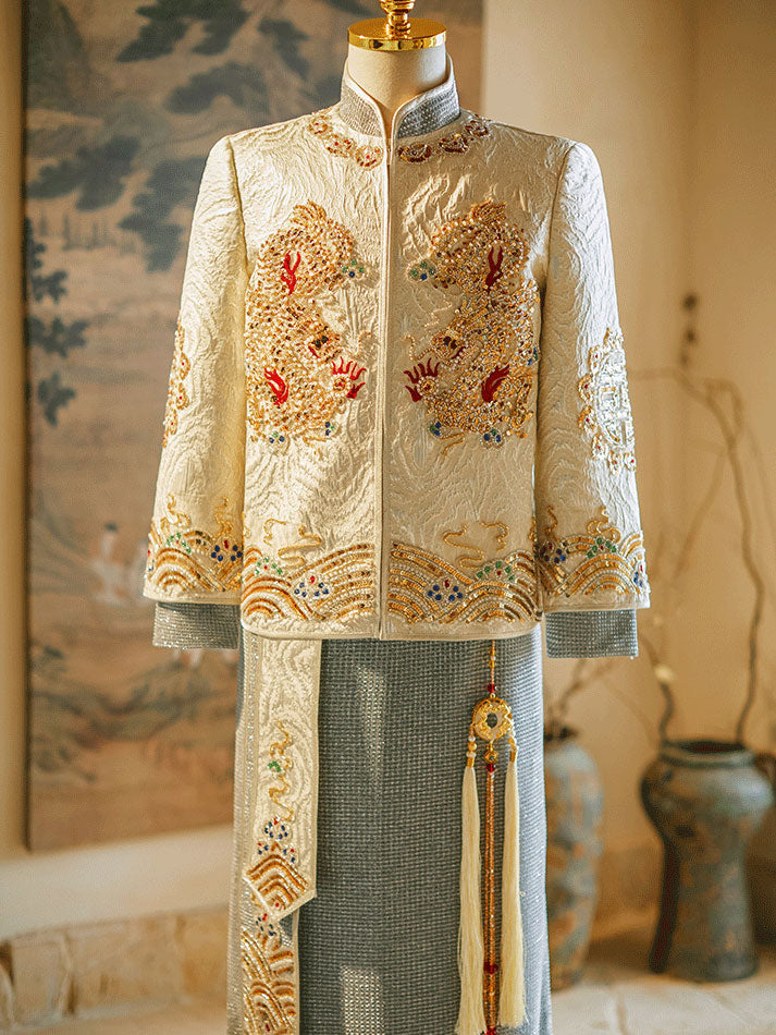 Champagne Beads Dragon Man Wedding Qun Gua Jacket & Skirt