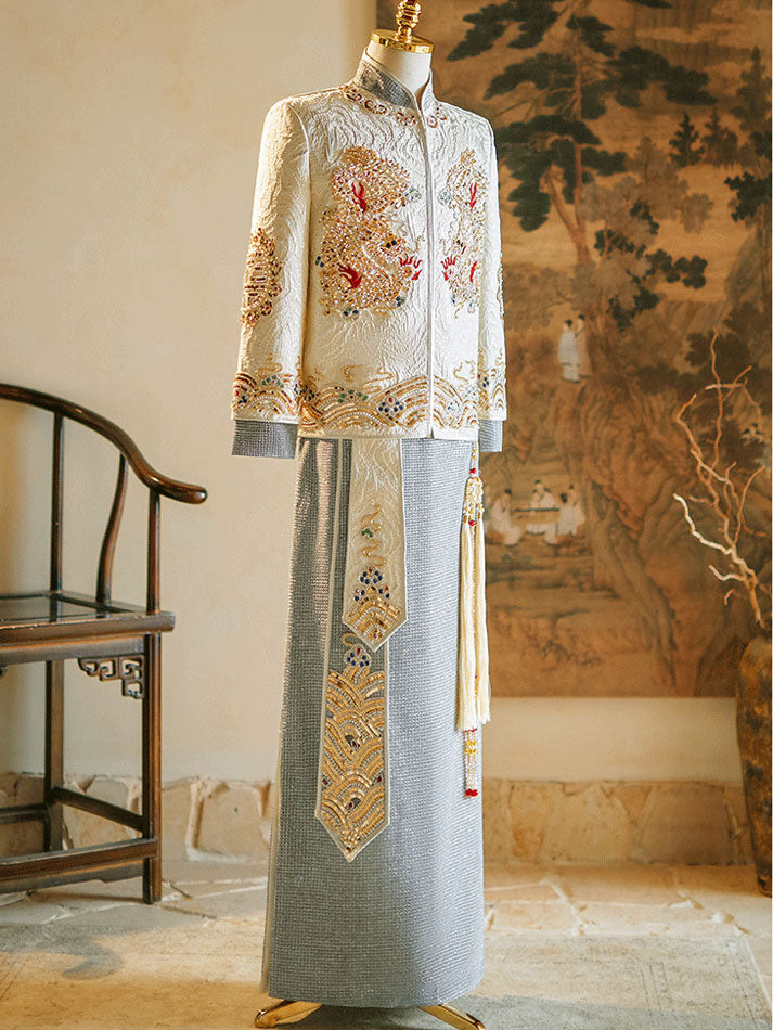 Champagne Beads Dragon Man Wedding Qun Gua Jacket & Skirt