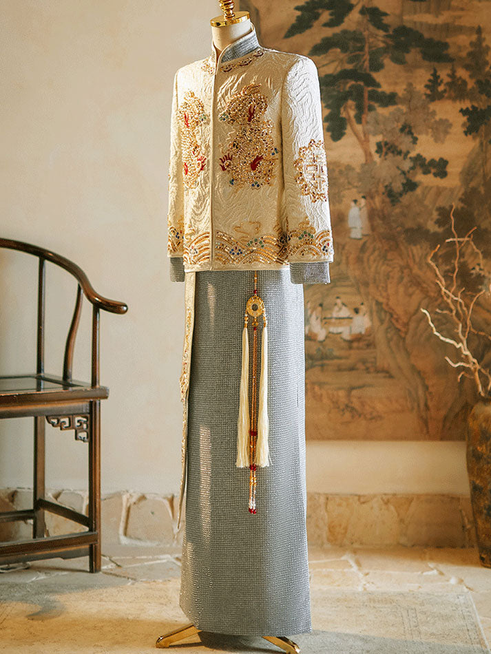 Champagne Beads Dragon Man Wedding Qun Gua Jacket & Skirt