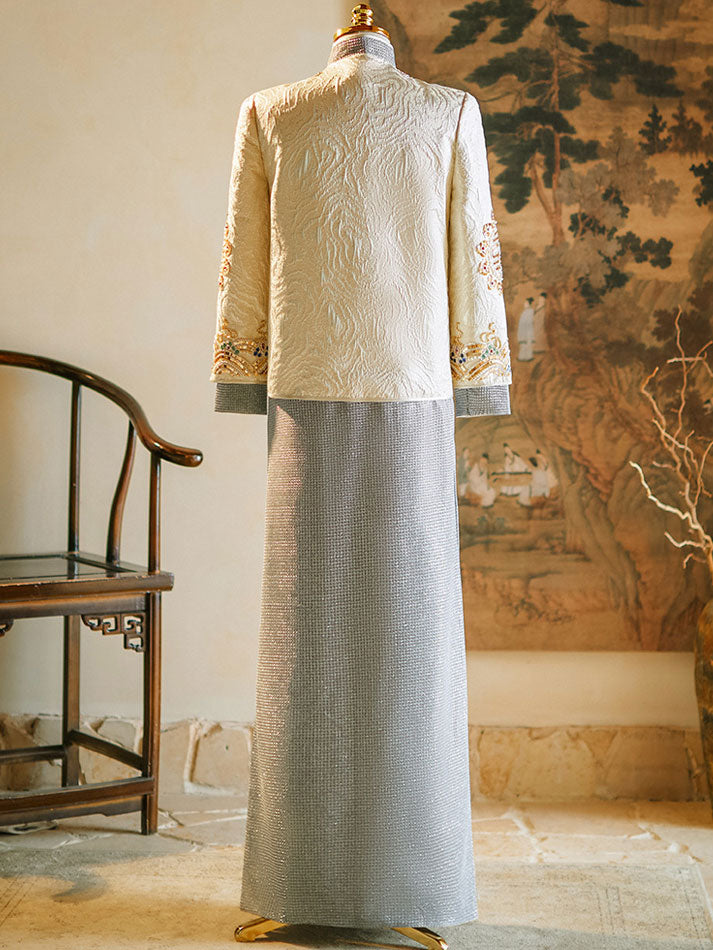 Champagne Beads Dragon Man Wedding Qun Gua Jacket & Skirt