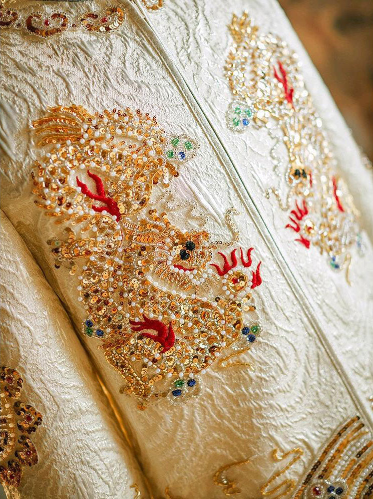 Champagne Beads Dragon Man Wedding Qun Gua Jacket & Skirt