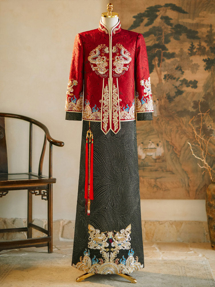 Color Block Beads Dragon Man Groom Wedding Qun Gua Jacket & Skirt