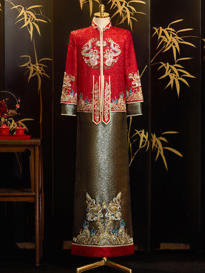 Color Block Beads Dragon Man Groom Wedding Qun Gua Jacket & Skirt