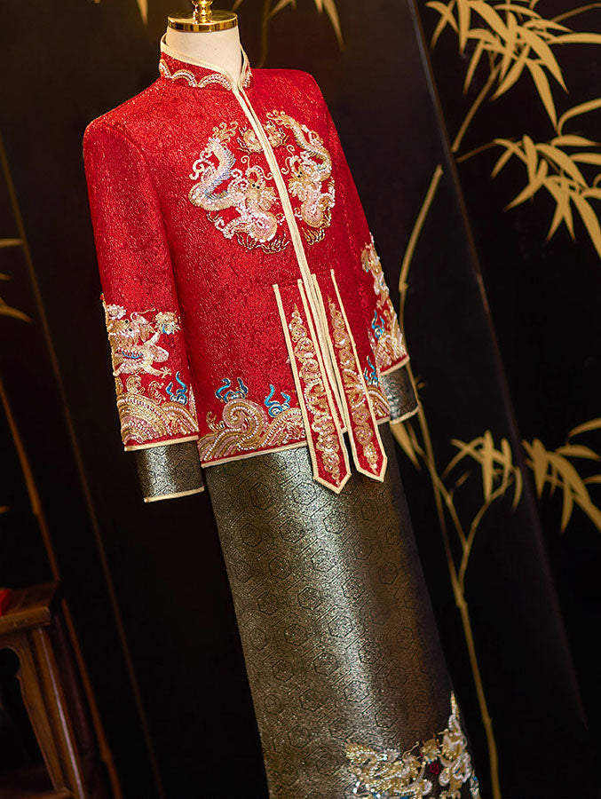 Color Block Beads Dragon Man Groom Wedding Qun Gua Jacket & Skirt