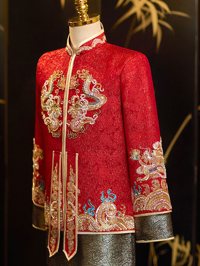 Color Block Beads Dragon Man Groom Wedding Qun Gua Jacket & Skirt