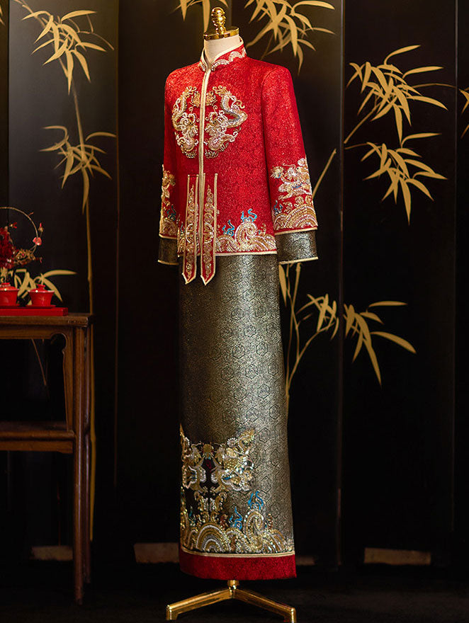 Color Block Beads Dragon Man Groom Wedding Qun Gua Jacket & Skirt