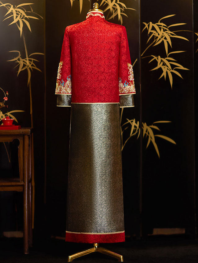 Color Block Beads Dragon Man Groom Wedding Qun Gua Jacket & Skirt