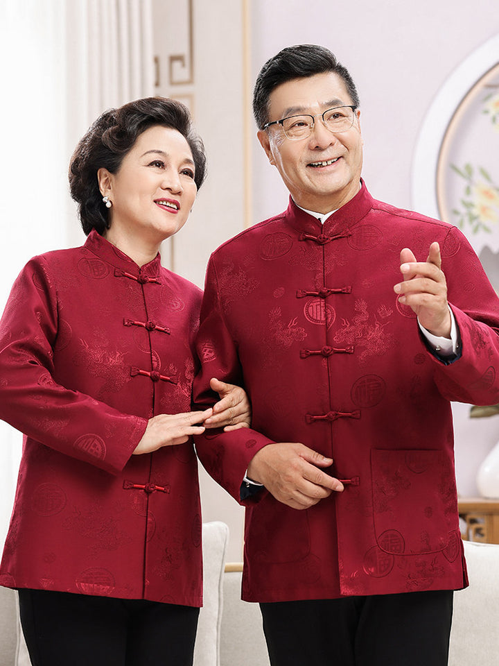 Burgundy Middle Aged Parents Top Chinese Tang Suit