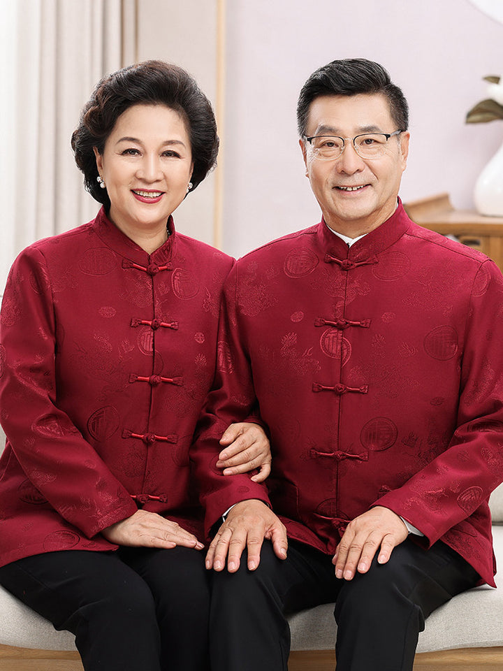 Burgundy Middle Aged Parents Top Chinese Tang Suit
