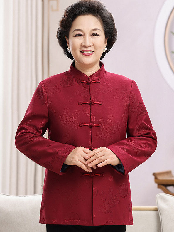 Burgundy Middle Aged Parents Top Chinese Tang Suit