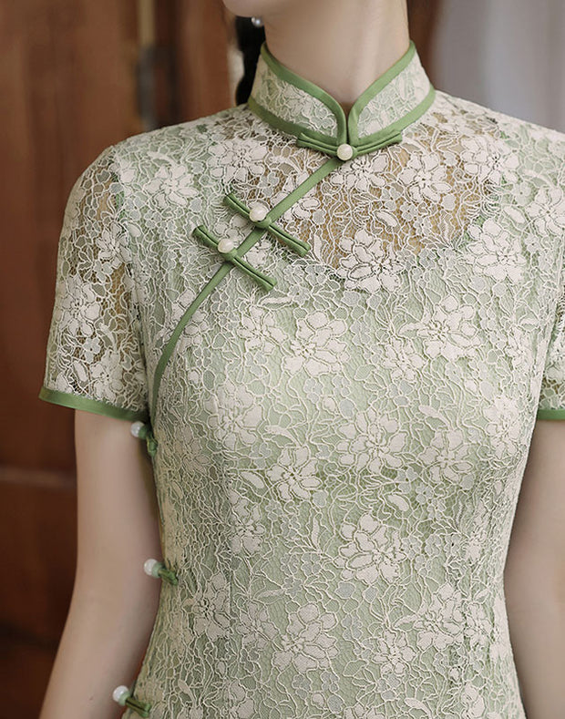 Floral Lace Illusion Midi Cheongsam Qipao Dress