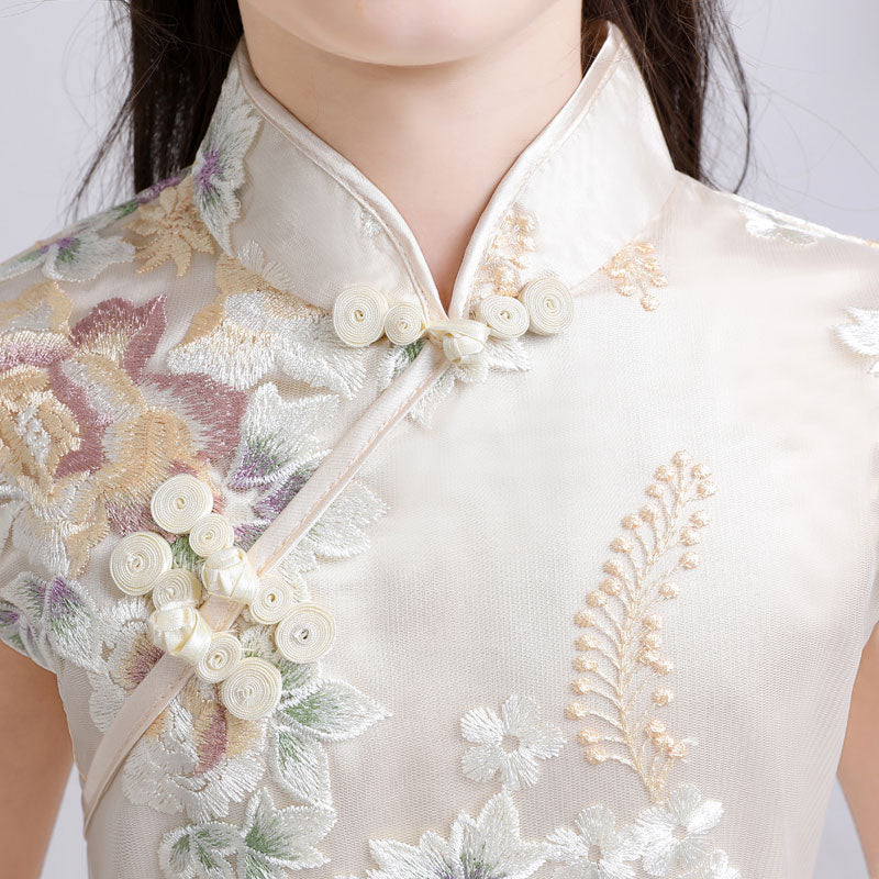 Embroidered Overlay Kids Girls Cheongsam Dress