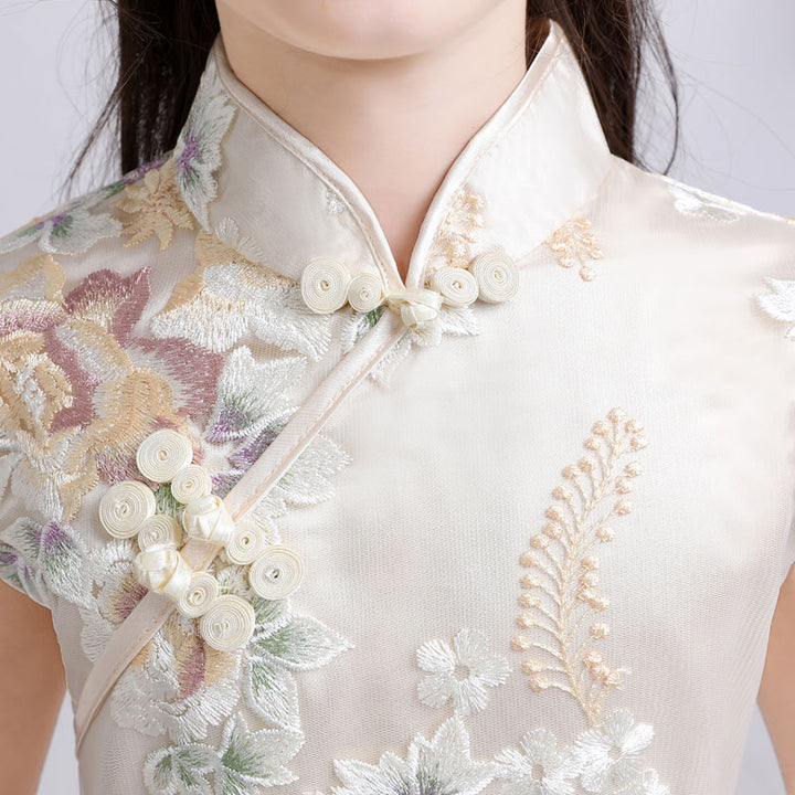 Embroidered Overlay Kids Girls Cheongsam Dress