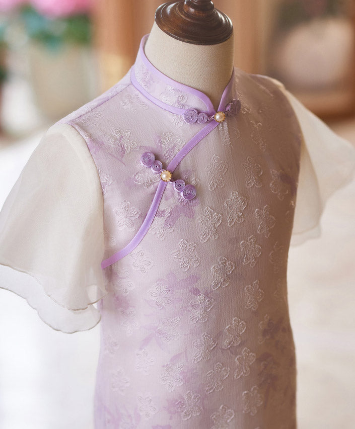Purple Jacquard Flutter Sleeve Kids Girls Qipao Cheongsam Dress