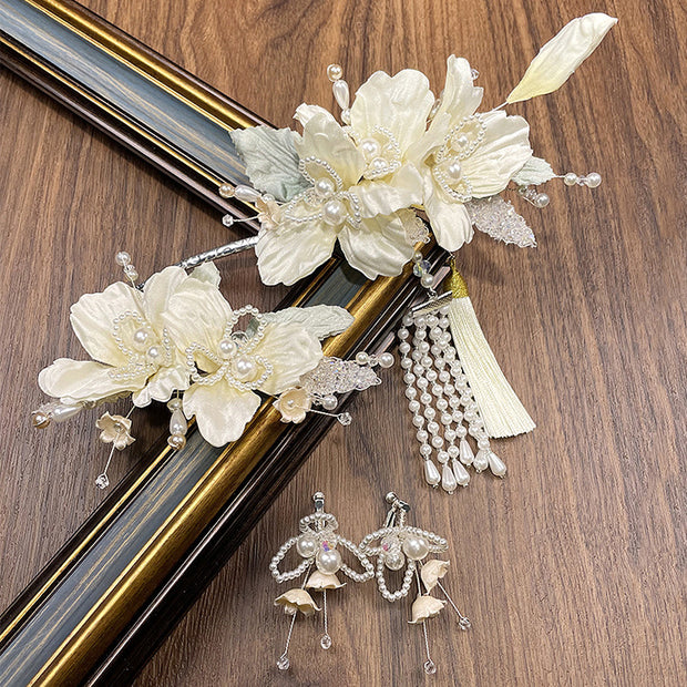 2 Pcs White Pearls Tassels Flower Wedding Hair Pins & Earrings