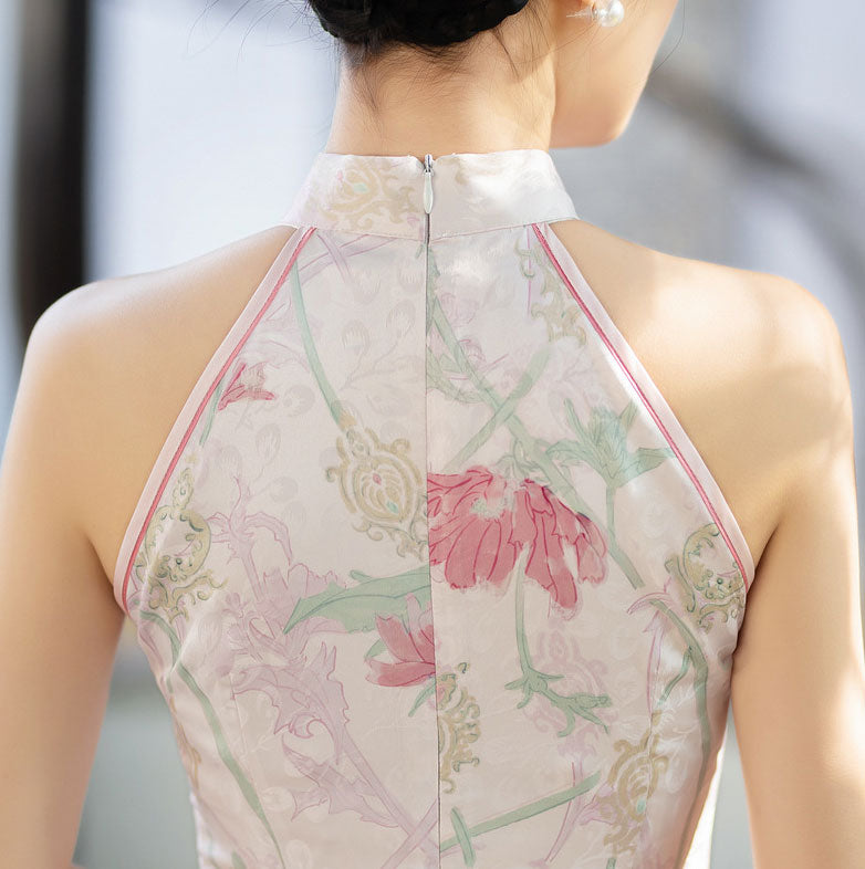 Floral Print Halter Fishtail Qipao Cheongsam Dress