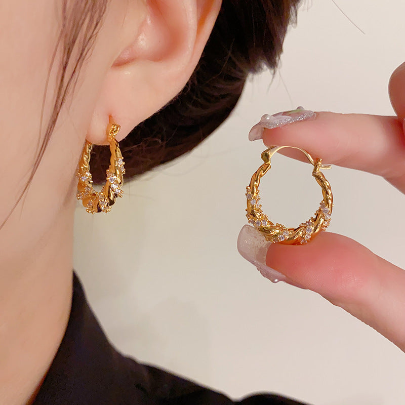 Gold Plated Zirconia Twisted Rope Rhinestone Hoop Earrings