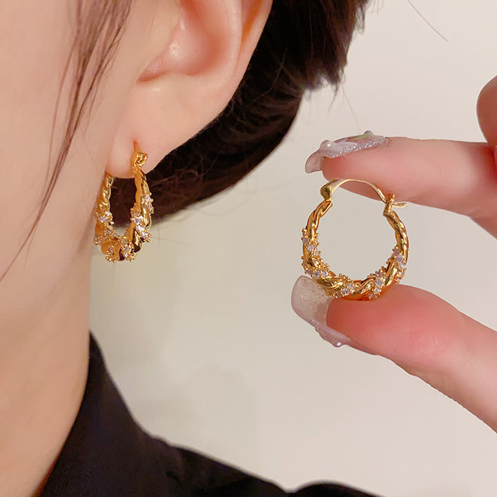 Gold Plated Zirconia Twisted Rope Rhinestone Hoop Earrings