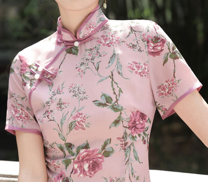 Summer Pink Floral Print Cheongsam Qipao Dress