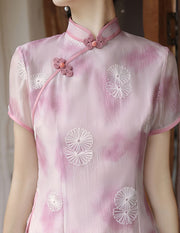 Green Pink Jacquard Qipao Cheongsam Blouse Top