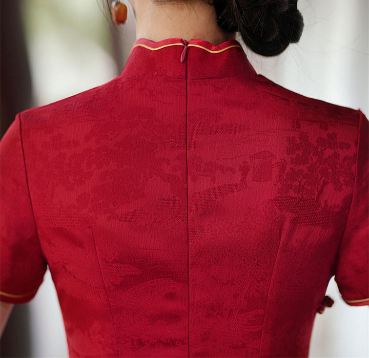 White Red Jacquard Maxi Qipao Cheongsam Dress