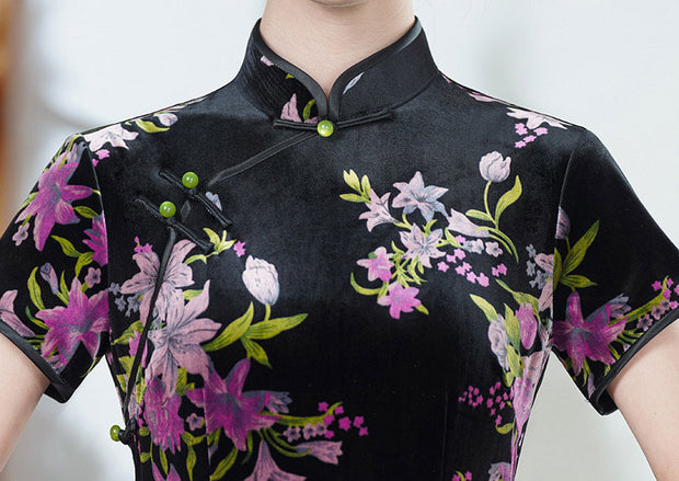 Floral Print Velvet Mothers Winter Cheongsam Qipao Dress