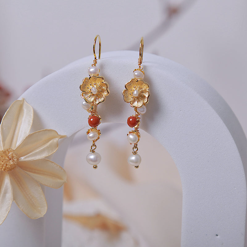 Pearls Agate Alloy Flower Dangle Clip-on Hook Earrings
