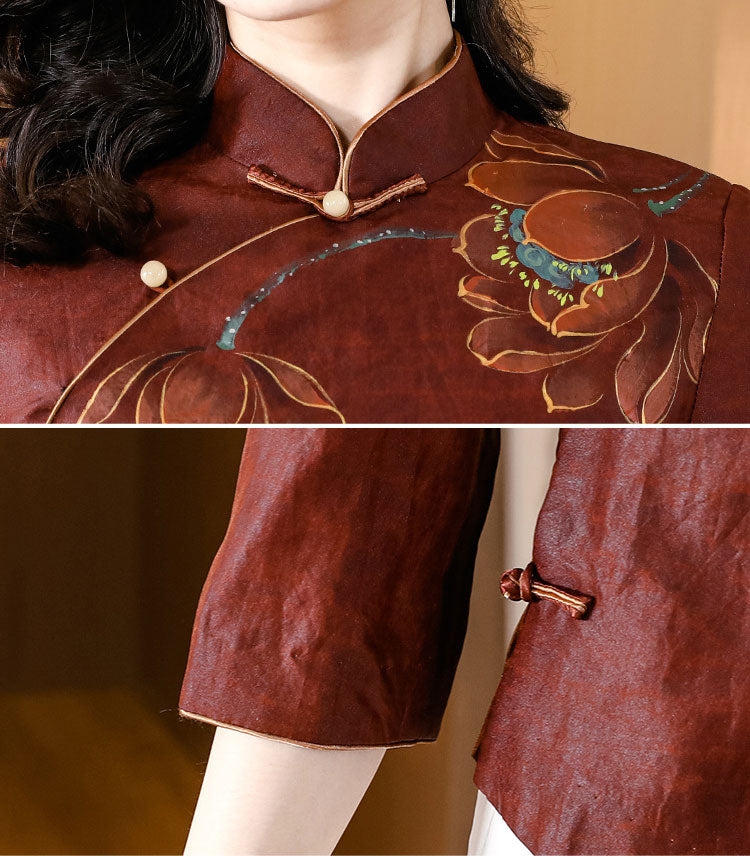 2024 Lotus Print Cheongsam Blouse Shirt