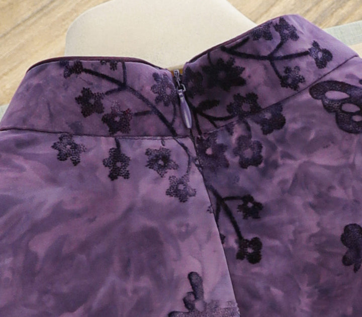 Purple Floral Velvet Long Qipao Cheongsam Dress