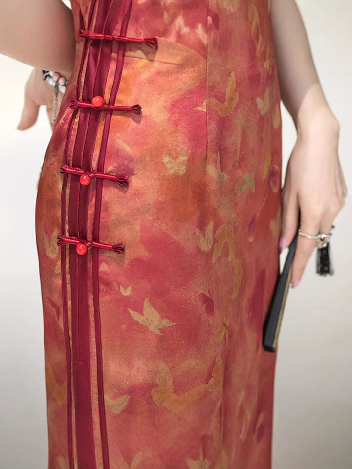 Red Floral Print Silk Maxi Qipao Cheongsam Dress