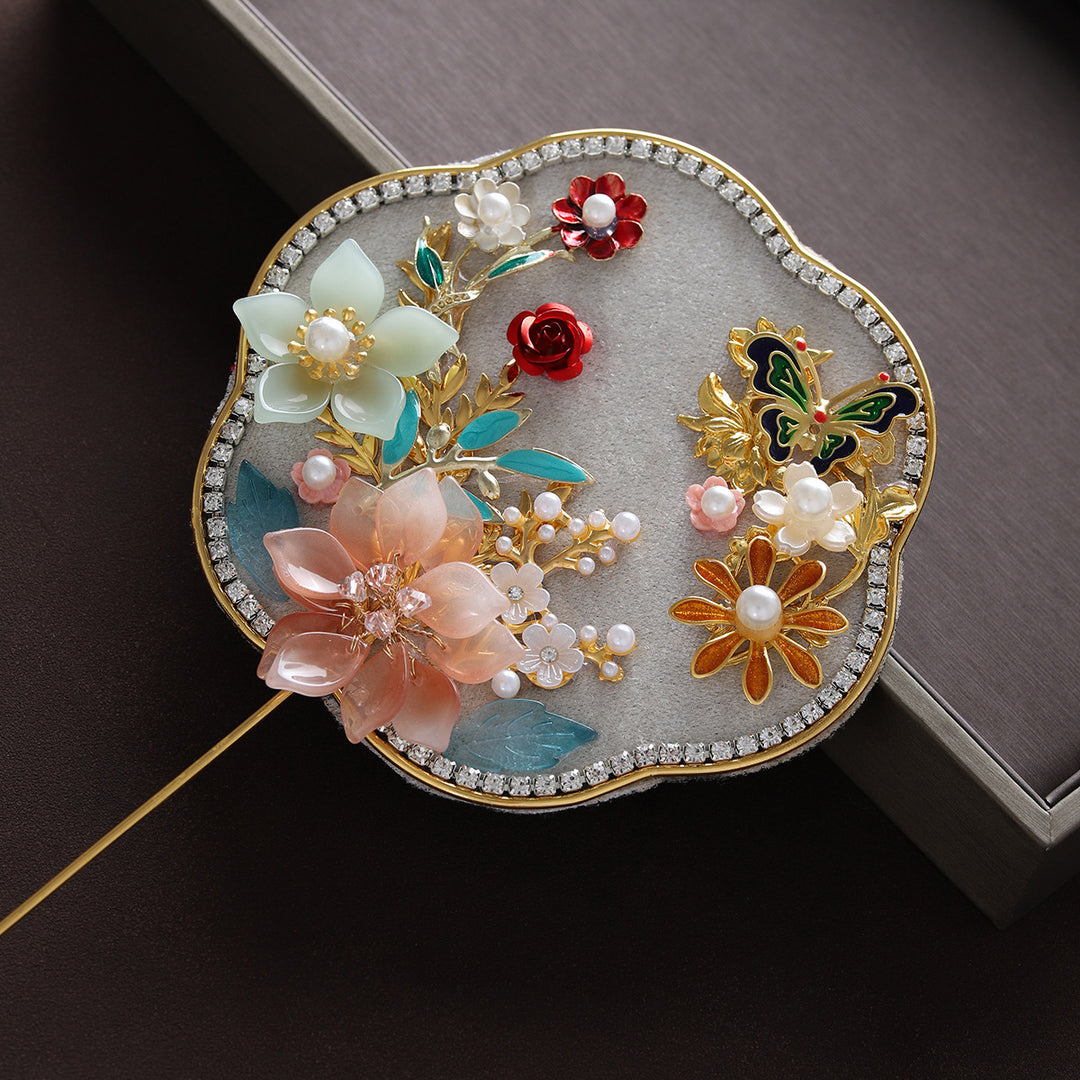 Mini Size Gray Blue Vintage Floral Hand Held Hexapetala Fans